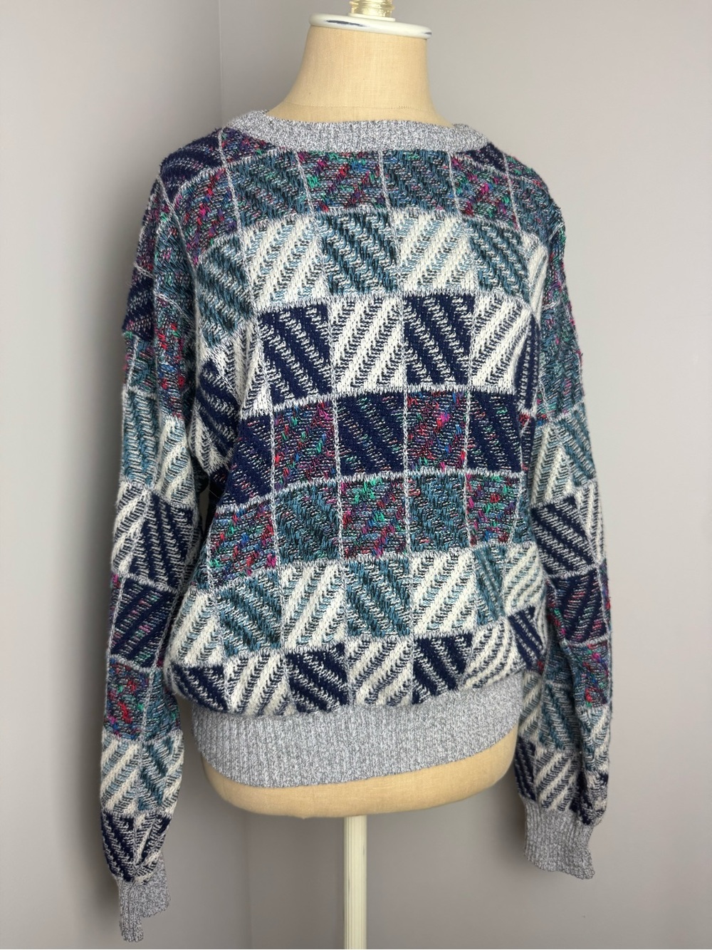 Vintage Expressions Navy, Teal & White Geometric Crewneck Sweater